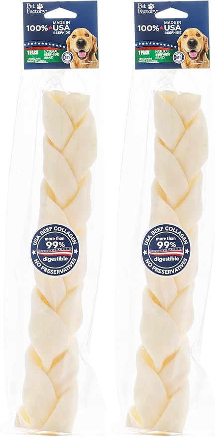 Pet Factory 100% Made in USA Beefhide 12" Braided Stick Dog Chew Treat - Natural Flavor, 1 Count/2 Pack