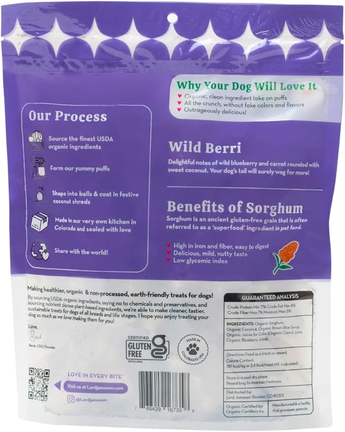 Lord Jameson Wild Berri | Light & Crunchy Love Puffs Collection | Organic Dog Treats, Blueberry Recipe, Gluten-Free, Preservative-Free, USDA Certified Organic. Made in USA