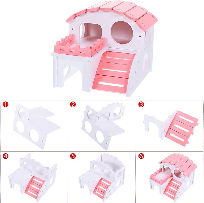 3 Pieces Fun Hamster Guinea Pig Hideout Kit Include PVC Hamster House, Rainbow Bridge, Seesaw DIY Exercise Playhouse for Rats Mouse Small Animals(Small,Pink)