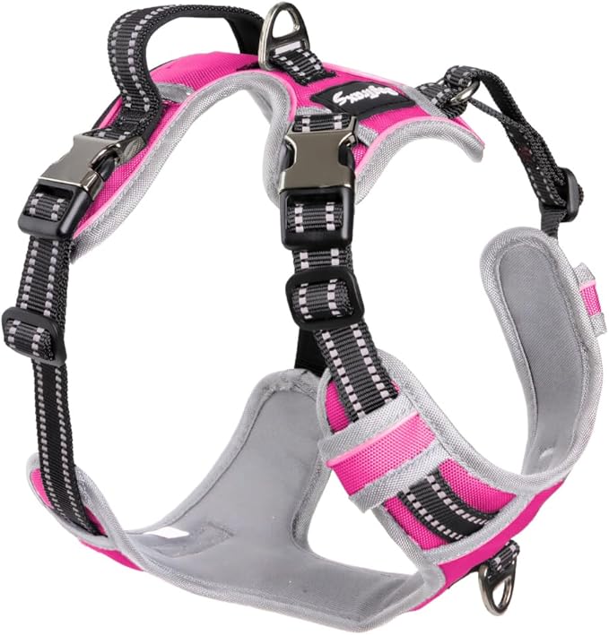 DogTraxs Dog Harness for Large Dogs - No Pull Front Clip, Adjustable Step in Reflective Vest with Metal Buckles - Pink