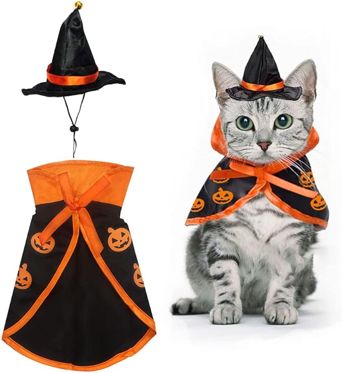 Halloween Cat Costume Cloak Witch Hat Pet Accessories Halloween Adjustable Pumpkin Pet Costumes Clothes Set, Halloween pet Costume Decor Cloak for Cats Dogs Puppy Halloween Carnival Party Supplies