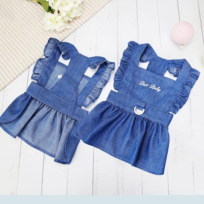 ANIAC Dog Denim Dresses for Small Medium Dogs Puppy Girl Clothes with Leash Ring Summer Cat Apparel with D-Ring Pet Dog Walking Harness Dress(Blue-2, Small)