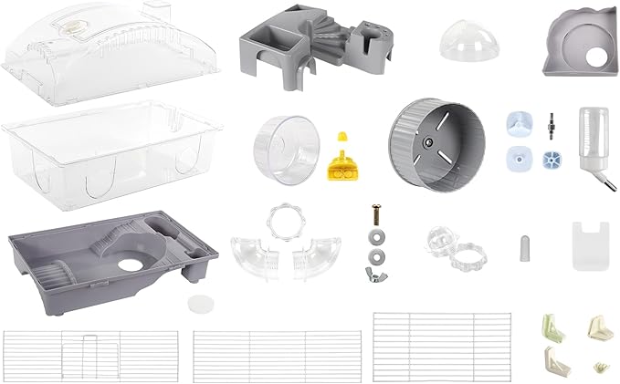 Multilevel Hamster Cage Starter Kit 18″Lx11″Wx23″H for Dwarf Hamster Under 3″ in Length with Platforms, 3 Tube Ports, Bathtub, Food Bowl, Steps, 2 Exercise Wheels, Doors, House, Water Bottle