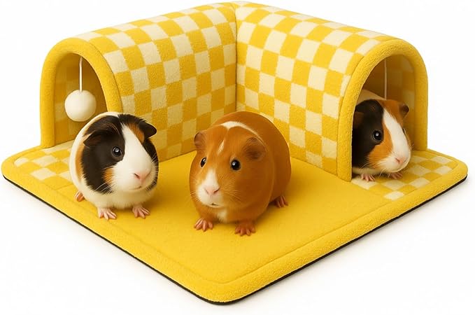 Guinea Pig Tunnel Bed – Fleece Hideout & Cozy Bed for Small Pets, Soft Washable Small Animal House and Bedding Alternative Tunnel for Guinea Pigs, Rabbits, Hamsters & Ferrets (Yellow)