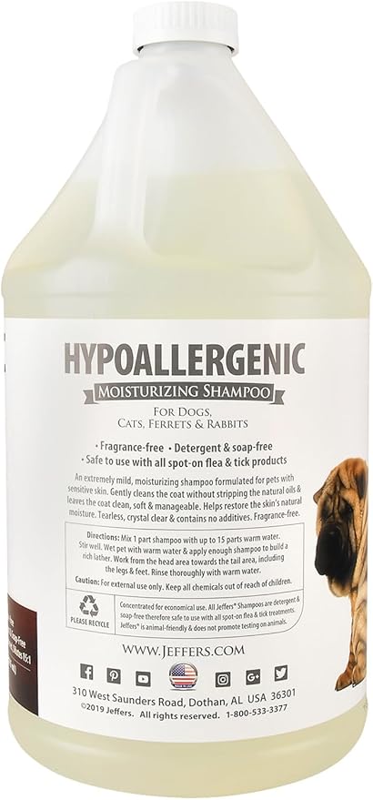 Jeffers Pet Hypoallergenic Shampoo for Dogs, Cats & Small Animals 128 oz – Concentrated Moisturizing Tearless Formula with Aloe Vera & Vitamins A D E, Fragrance & Soap Free, Gentle for Sensitive Skin