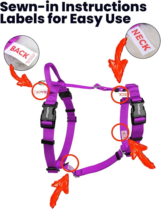 Non-Restrictive No-Pull Dog Harness, Neck Buckle Desgin, Six Points Adjustment, Sewn-in Instructions Labels, for Medium Dog Chest(21-30 inches), Purple