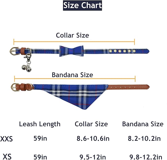 3PCS Bow Tie Dog Collar and Leash Set Plaid/Camo/Dots/Flower Dog Bandanas with Bell 3 Size Adjustable for Small Dogs Puppies and Cats (XS, Blue Plaid 2)
