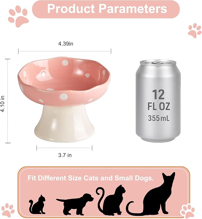 Ceramic Raised Cat Bowl, Mushroom Shaped Tilted Feeding Dish, Whisker Friendly Wide Design, Dishwasher Safe for Indoor Cats