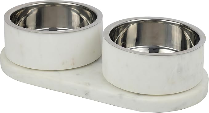 DBL1000B Marbre Small/Medium Modern Weighted Double Marble and Stainless Steel Bowl 12oz (1.5 Cups) Feeder with Non-Slip Marble Tray Set, White