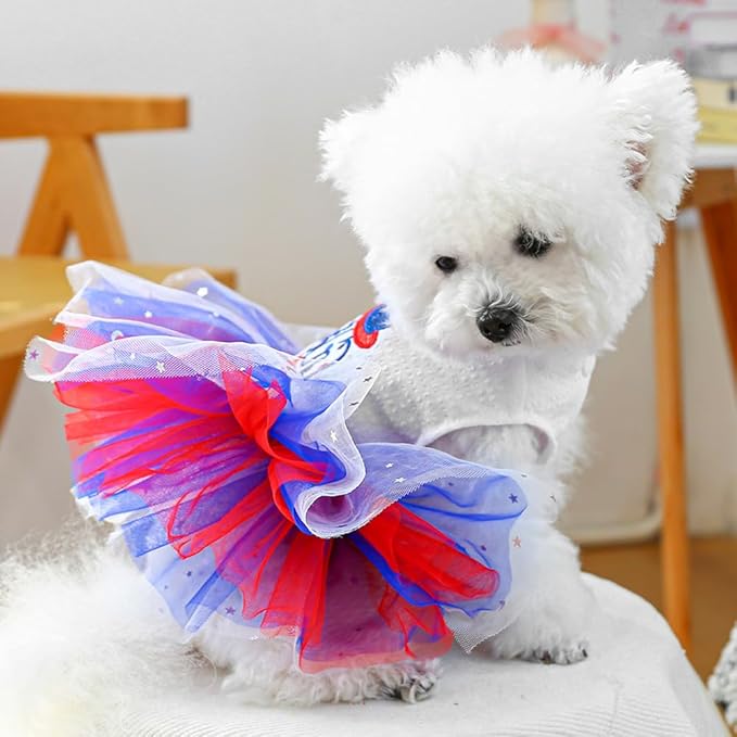ANIAC 4th of July Girl Dog Dress with Stars Independence Puppy Clothes for Small Dog 1st Independent Day Cat Outfit Patriotic Pet Princess Tutu Skirt (Independence, X-Small)