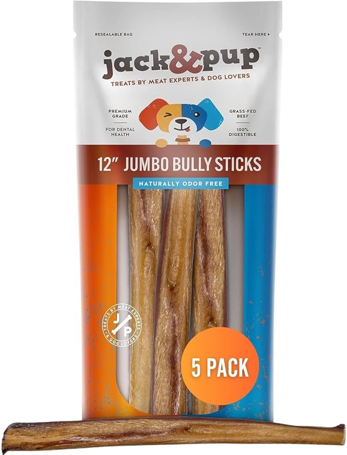 Jack&Pup 12 Inch Jumbo Bully Sticks for Dogs (5 Pack) Single Ingredient Dog Bully Sticks for Large Dogs and Aggressive Chewers