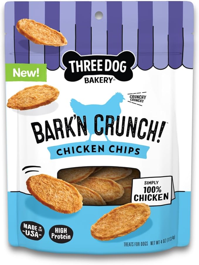 Three Dog Bakery Bark'N Crunch! Chicken Chips with 100% Real Chicken - 4 oz - Crunchy Treats for Dogs - High Protein Dog Snacks - Grain Free, No Corn or Soy, Single Ingredient Treats