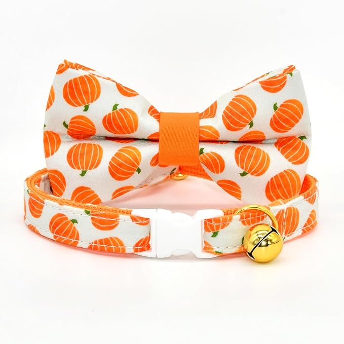 Pumpkin Cat Collar Bow Set, Halloween Accessory, Wedding/Birthday Breakaway Collar Bowtie for Kitten