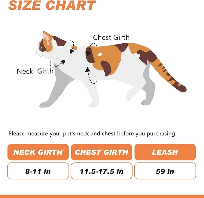 Cat Harness and Leash Set with Airtag Holder for Walking & Travelling, Escape Proof Cat Harness for Small Medium Large Kitten, Adjustable Lightweight Soft Cat Vests(Orange Print)