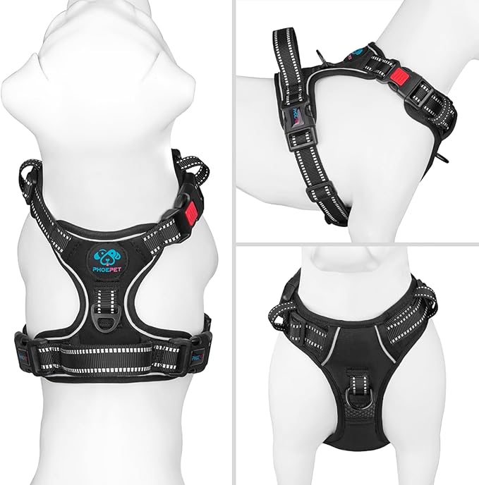 PHOEPET Reflective Dog Harness Large Breed Adjustable No Pull Vest with Handle 2 Metal Rings 3 Buckles [Easy to Put on & Take Off](XL, Black)