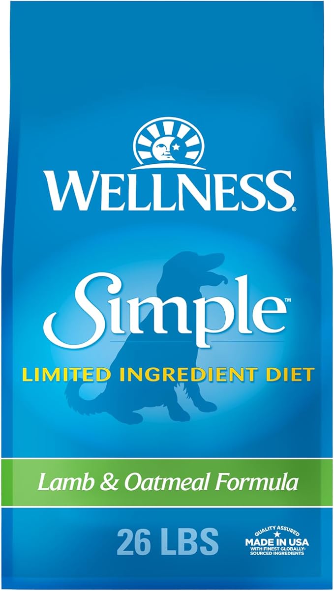 Wellness Simple Limited Ingredient Dry Dog Food for Sensitive Stomachs, Supports Skin & Coat, Wholesome Grains, Natural, Lamb & Oatmeal Recipe, (26-Pound Bag)