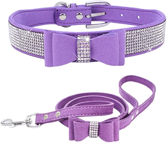 Purple Rhinestone Dog Collar and Leash Set with Bow Tie, Diamond Kitten Collar with Bowtie Crystal Female Puppy Collars for XXS Xs Small Medium Large Girl Pet Dogs Cats, XXSmall