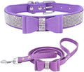 Purple Rhinestone Dog Collar and Leash Set with Bow Tie, Diamond Kitten Collar with Bowtie Crystal Female Puppy Collars for XXS Xs Small Medium Large Girl Pet Dogs Cats, XXSmall