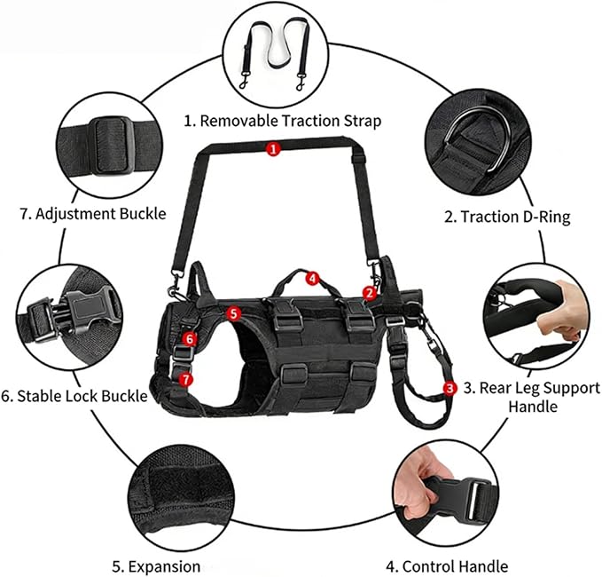 Dog Harness for Senior Hurt or Pets with Full Body Assistance and 3 Handles Pet Rehabilitation Lift with Easy Open Clasps and Water Fabric