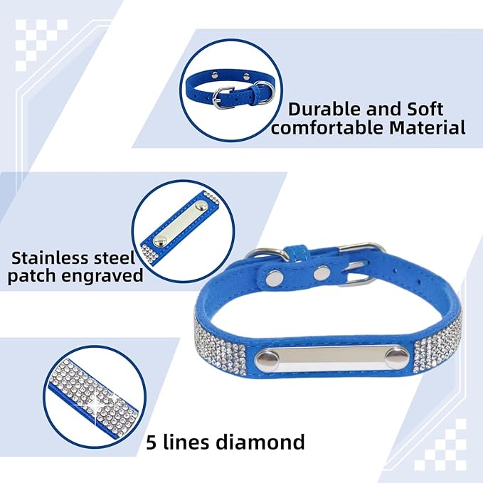 THAIN Rhinestones Personalized Dog Cat Collar Bling Diamond with Engraved Stainless Steel Nameplate for Small Medium Large Dogs (Royal Blue Set, S)