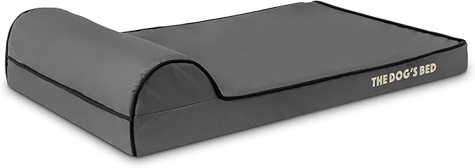 The Dog’s Bed Orthopedic Memory Foam Dog Bed with Headrest, Calming Surface – CertiPUR-Certified Foam, Oxford Fabric,Grey with Black Trim, Medium, 3-Inch