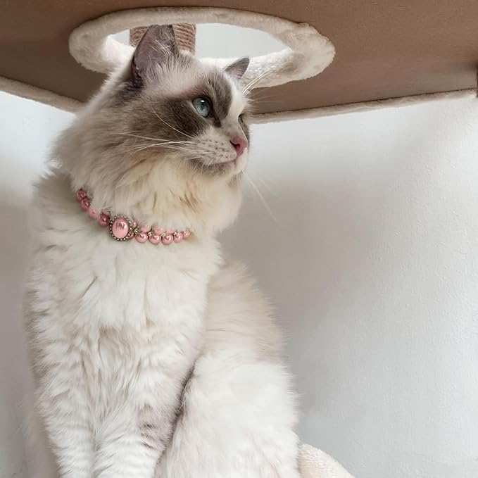 KUDES Small Dog Cat Big Pearl Collars with Crystal Rhinestone Diamond Décor, Adjustable Cute Fashion Pet PU Leather Necklace for Wedding Birthday Party (Pink, S(9''-11.5'') for Cats and Puppies)
