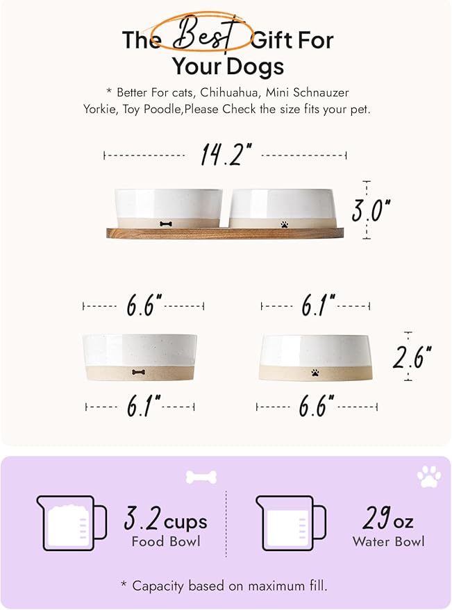 LE TAUCI PET Ceramic Dog Bowls for Medium and Small Dogs - 3.2 Cup Weighted Non-Slip Food and Water Bowls with Acacia Wood Tray, Pet Bowl Set of 2