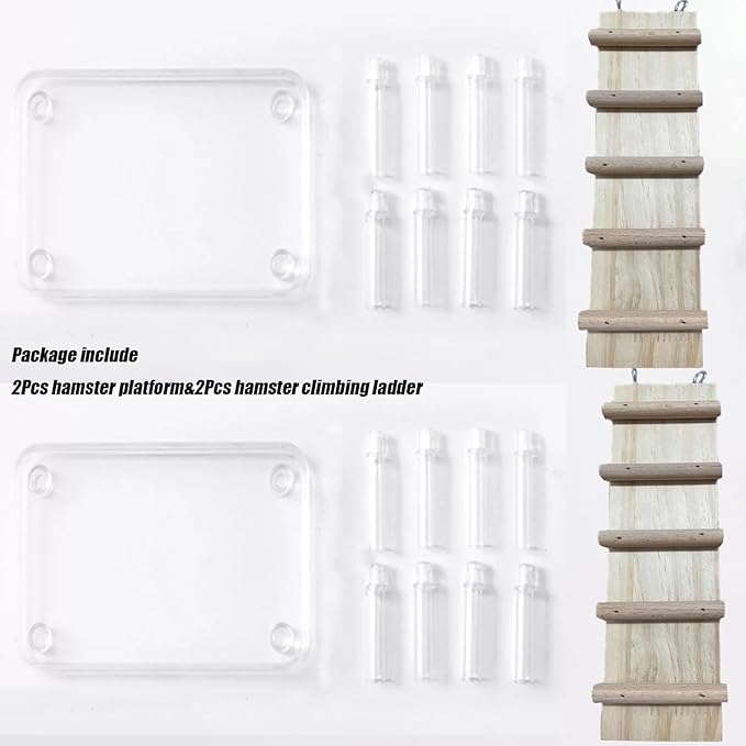 Hamster Platform 4Pcs Acrylic Small Animal Stand Climbing Toy Stuff with Wood Ladder for Dwarf Syrian Hamsters Gerbils Mice Sugar Glider Reptile Bird
