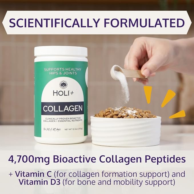 HOLI+ Collagen Supplement for Dogs - Hip and Joint Care Collagen Powder with Glucosamine and Hyaluronic Acid - Easy to Mix Functional Topper