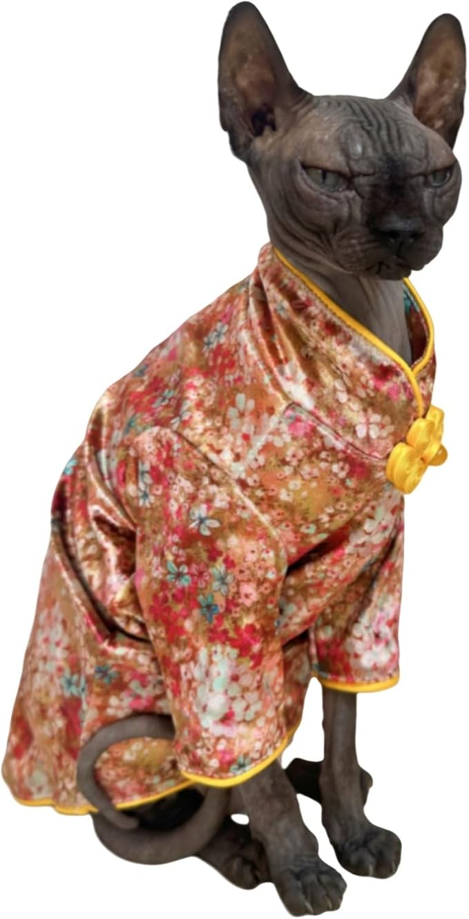 Traditional Culture Sphynx Hairless Cat Cotton T-Shirts Cats Clothes Pet Sweater Cat Vest Pet Clothes Kitten Shirts Small Dogs Apparel (Gypsophila, XXL (13-15 lbs))