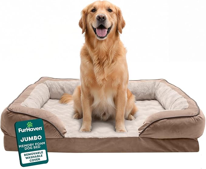 Furhaven Memory Foam Dog Bed for Large Dogs w/ Removable Bolsters & Washable Cover, For Dogs Up to 95 lbs - Plush & Velvet Waves Perfect Comfort Sofa - Brownstone, Jumbo/XL
