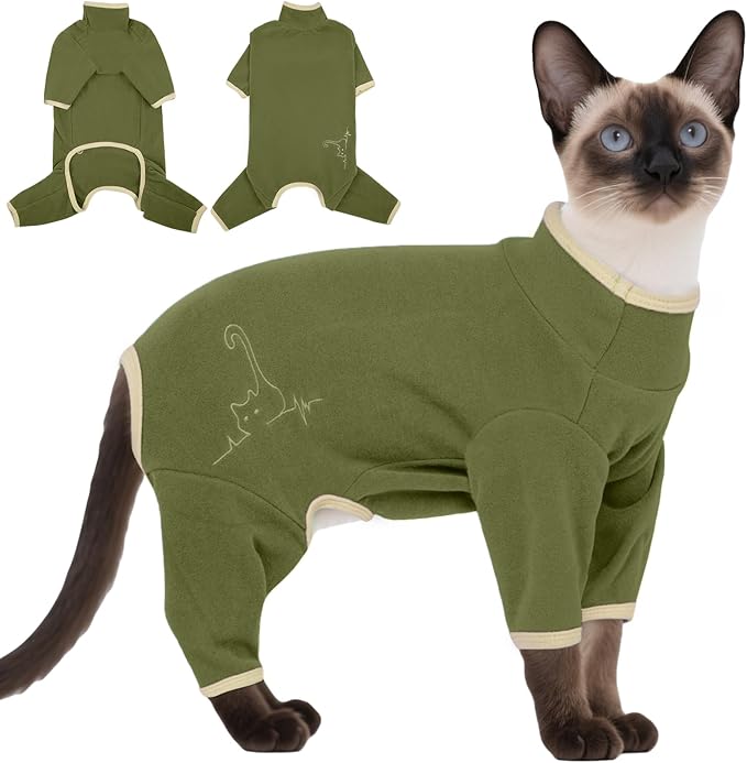 DENTRUN Cat Clothes for Hair Control with Hair Sticky Fabric - Soft Recovery Suit & Breathable Lint-Resistant Cat Sweater for Cats Only, Kitten Onesie Pajamas, S, Army Green