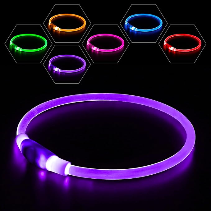 BSEEN Light Up Dog Collar, Rechargeable LED Dog Collar Light Glowing Puppy Collar for Night Walking, TPU Cuttable Lighted Pet Collar for Small Medium Large Dogs (Purple (70cm))