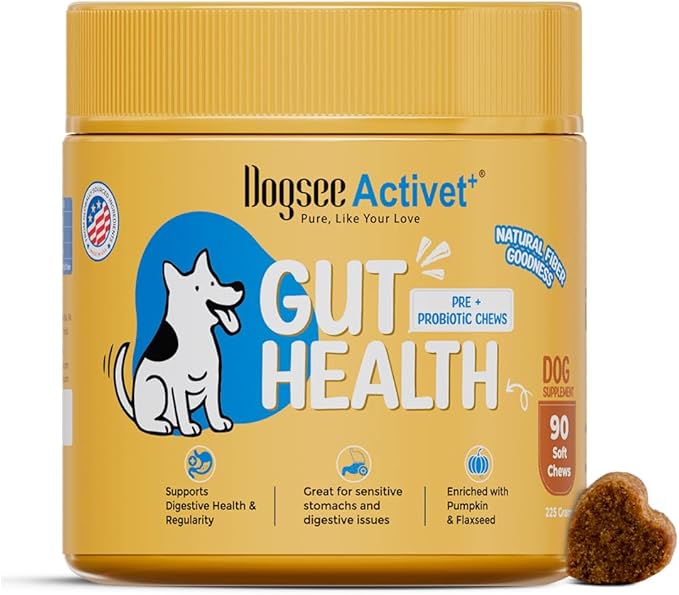 Dogsee Activet+ Dog Gut Health Supplement Chews, with Probiotics, Prebiotics, Digestive Enzymes & Fiber, Digestion & Regularity Support, Chicken Flavor – 90 Chews