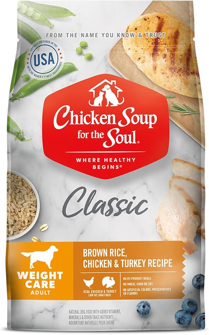 Chicken Soup for the Soul All Natural Premium Weight Care Adult Dry Dog Food, Real Meat First Ingredient, No By-Products, Hi Fiber/Low Fat Support Ideal Weight, Brown Rice, Chicken & Turkey, 28lb