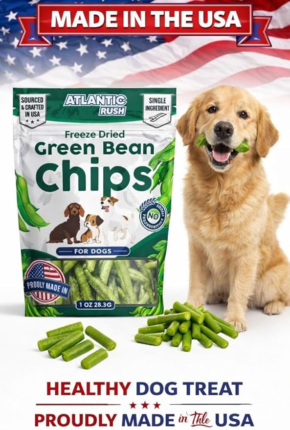 Atlantic Rush Freeze Dried Green Bean Chips for Dogs- 1oz Resealable Bag of Dried, Green Crispy Beans- Single Ingredient, No Salt or Canola Oil- Crispy, Shelf Stable - Made in USA (1 oz Bag)