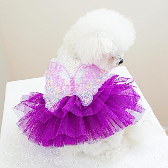 ANIAC Butterfly Dog Dress with Purple Tutu Funny Dog Clothes with Wing Girl Puppy Dress for Small Dogs Pet Butterfly Costume Holiday Cat Outfit for Halloween Birthday Wedding (Purple, Large)
