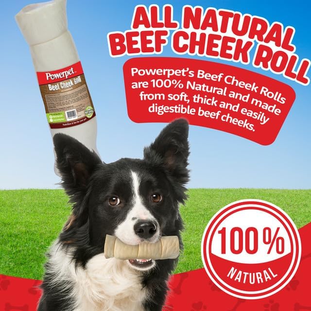 Powerpet Treats Beef Cheek Rolls for Dogs - Promotes Dental Hygiene - 100% Natural & Highly Digestible - High Protein, Low Fat Breeds - No Rawhide - Healthy Chew Treats - 1 Roll