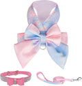 Pink Cute Bow Tie Dog Harness Leash and Bowknot Collar Set, No Pull Gradient Rainbow Dog Harness and Glitter Diamond Collar Chain, Breathable Mesh Pet Vest Harnesses for Dogs Cats