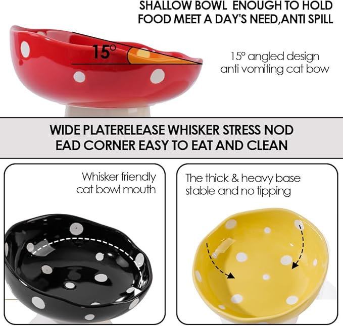 Ceramic Elevated Cat Bowls, Tilted Raised Pet Dish Anti Vomit Kitten Bowl for Indoor Cats, Whisker Friendly Pet Food and Water Bowl for Kitten, Cat, Puppies, Dishwasher Safe (Black)