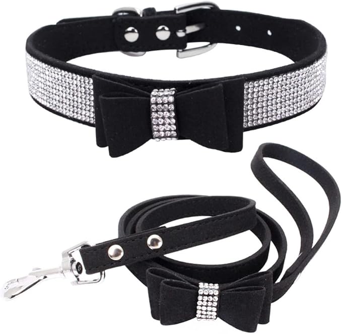 Black Bling Dog Collar and Leash Set with Bow Tie, Rhinestone Cat Collar with Bowtie Crystal Diamond Girl Puppy Collars for XXS Xs Small Medium Large Female Dogs Pet Kitten, S