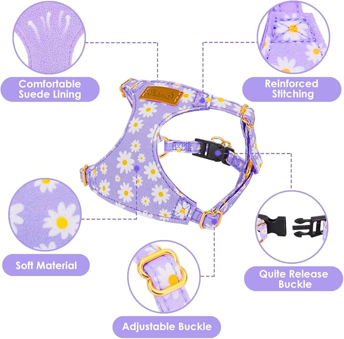 SlowTon Dog Harness Small Sized Dog - Soft XXS Dog Harness and Leash Set No Pull No Chock, Adjustable Lightweight Puppy Harness for XS Small Medium Dogs Cats (Purple Dasiy, XS)