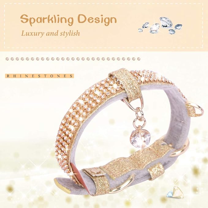 PetsHome Cat Collar, Dog Collar, [Bling Rhinestones] Premium PU Leather with Pendant Adjustable Collars for Cat and Small Dog Extra Small Gold