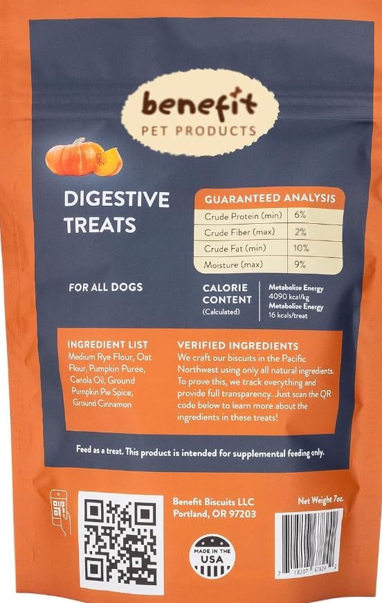 Benefit Biscuits, All Natural Dog Treats, Certified Vegan, Non GMO, Wheat Free, Healthy Dog Biscuits, Made in USA (Pumpkin, 7oz Bag)