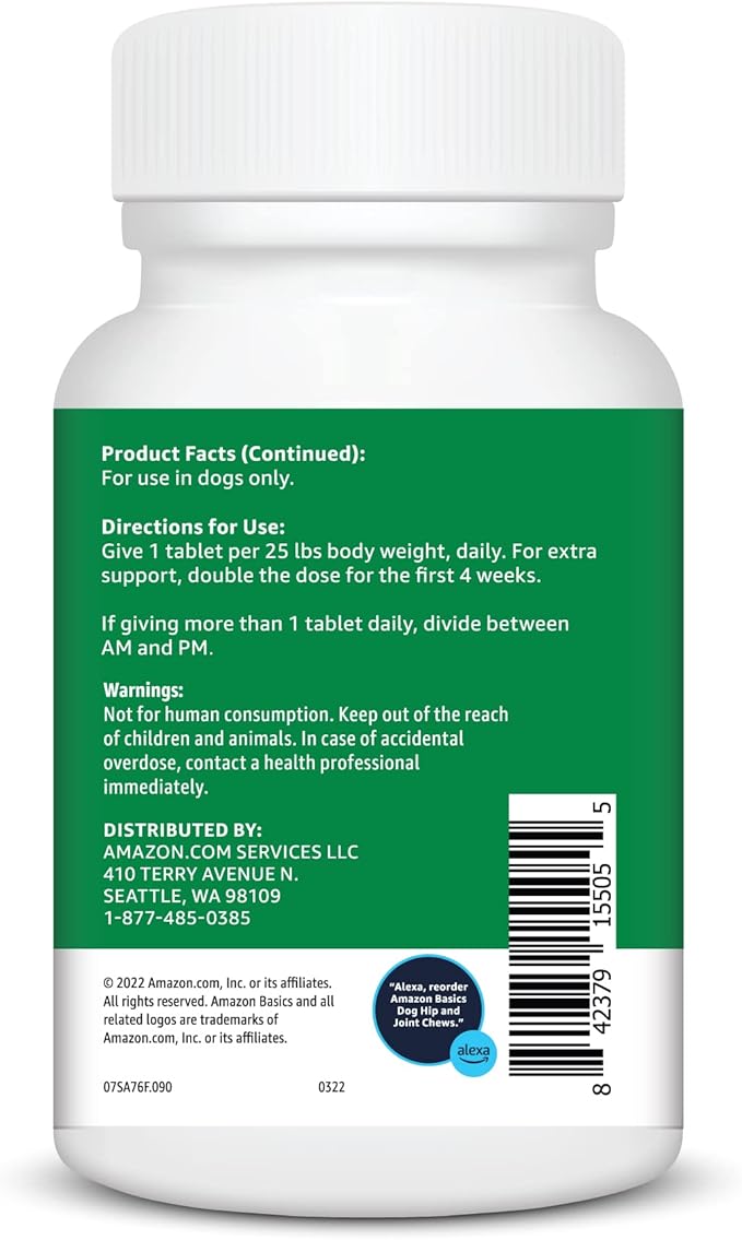 Amazon Basics Dog Hip & Joint Daily Chewable Tablets, with Glucosamine, MSM, and Chondroitin, Duck Flavored, 90 Count (Previously Solimo)