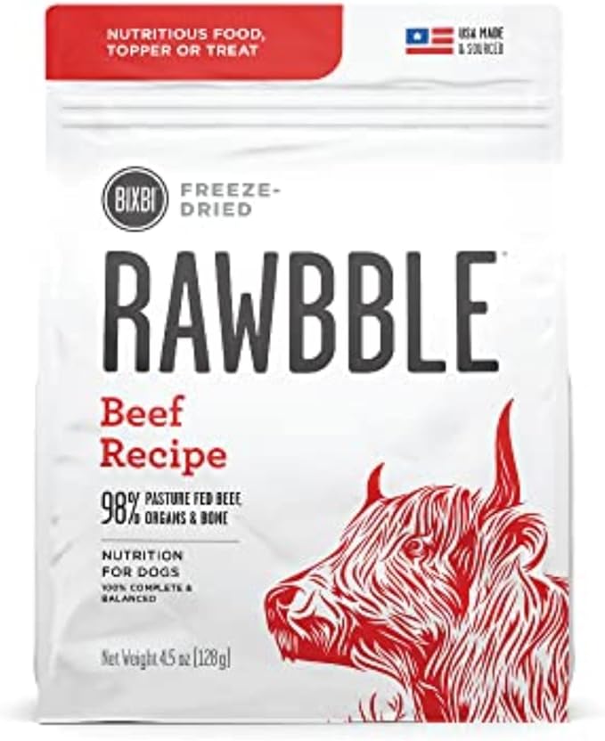 BIXBI Liberty Freeze-Dried Dog Food Topper & Treats, Beef – 98% Meat & Organs, No Refrigeration – USA Made, 4.5 oz