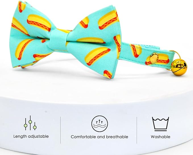 Hot Dog Cat Collar Bow Tie, Blue Cat Collar, Breakaway Safety Collars, Wedding/Birthday Cat Accessories, Adjustable Bowtie, Removable Jingle Bell
