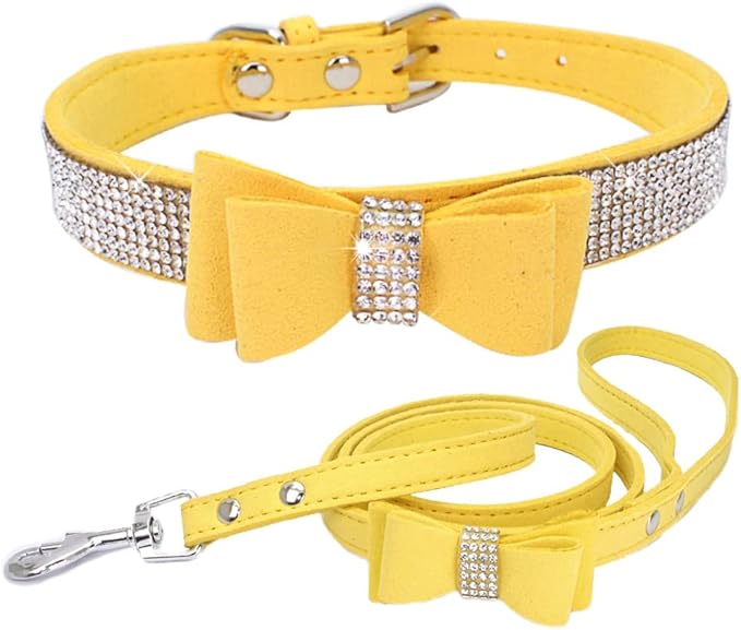 Yellow Diamond Dog Collar and Leash Set with Bow Tie, Bling Rhinestone Kitten Collar with Bowtie Crystal Girl Puppy Collars for XXS Xs Small Medium Large Female Dogs Pet Cats, XXSmall