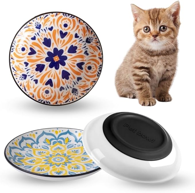 Non-Slip Cat Bowls, Ceramic Wide Pet Food Bowl Set for Relief Whisker Fatigue, 3 Pack Colorful Kitten Feeding Dishes Plates with Anti-Slip Silicone Base-Microwave and Dishwasher Safe, 8.5 oz
