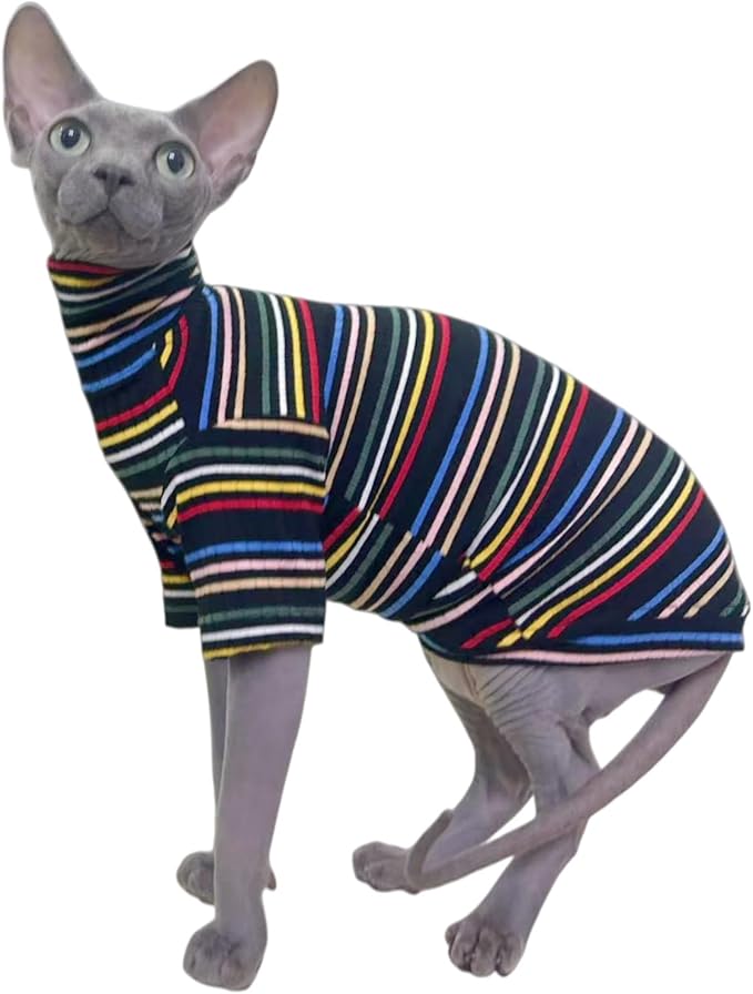 Turtle Neck Vintage Stripes Sphynx Hairless Cat Cotton T-Shirts Pet Clothes Vest Kitten Shirts Sleeveless, Cats & Small Dogs Apparel (Dark Rainbow, M (5-6.5 lbs))